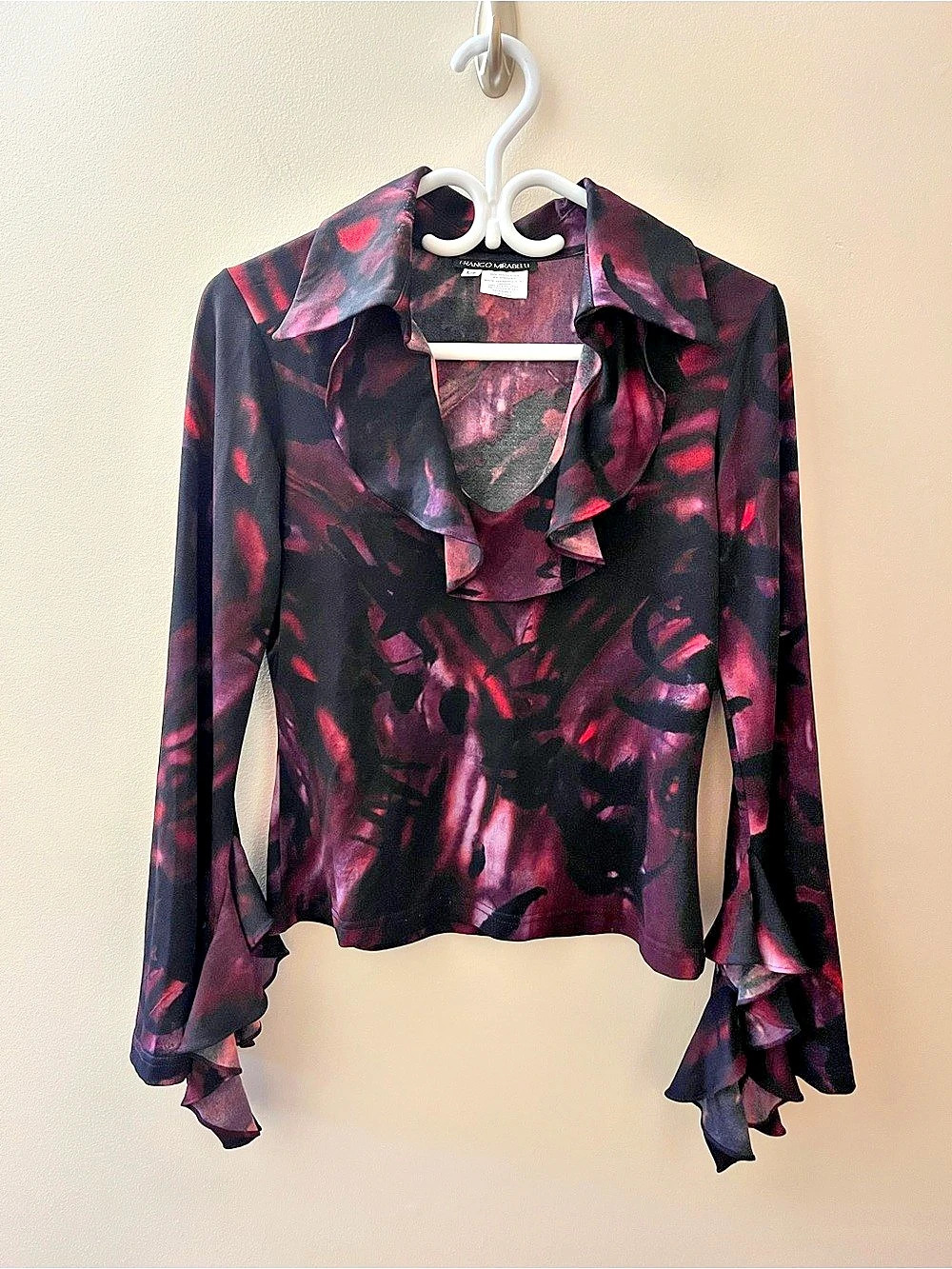 Franco Mirabelli Abstract Ruffle Blouse in Black & Purple Size Small